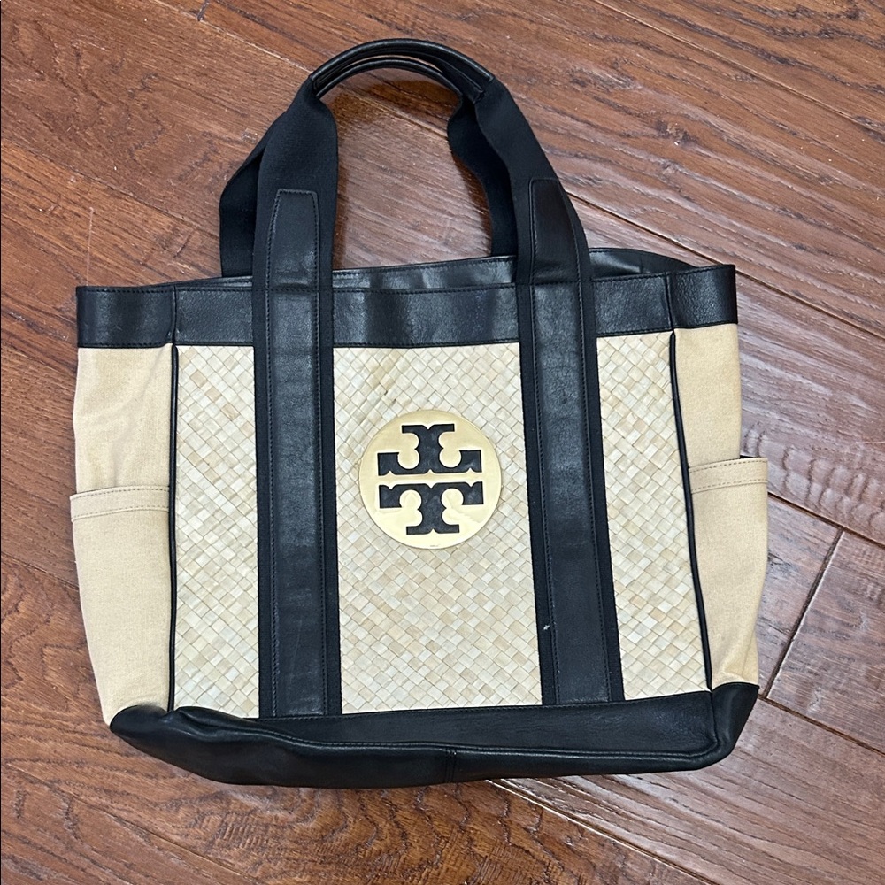 Tory Burch Black and Cream Woven Tote